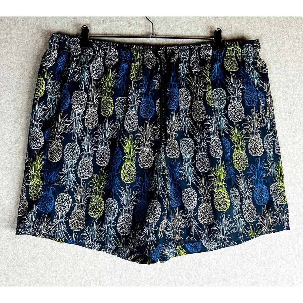 DSG Mens Sz 2XL Swim Trunks Lined Blue Pineapple Fruit Pockets Elastic Waist